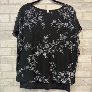 Black Floral Layered Flutter-Sleeve Chiffon Blouse Size XL